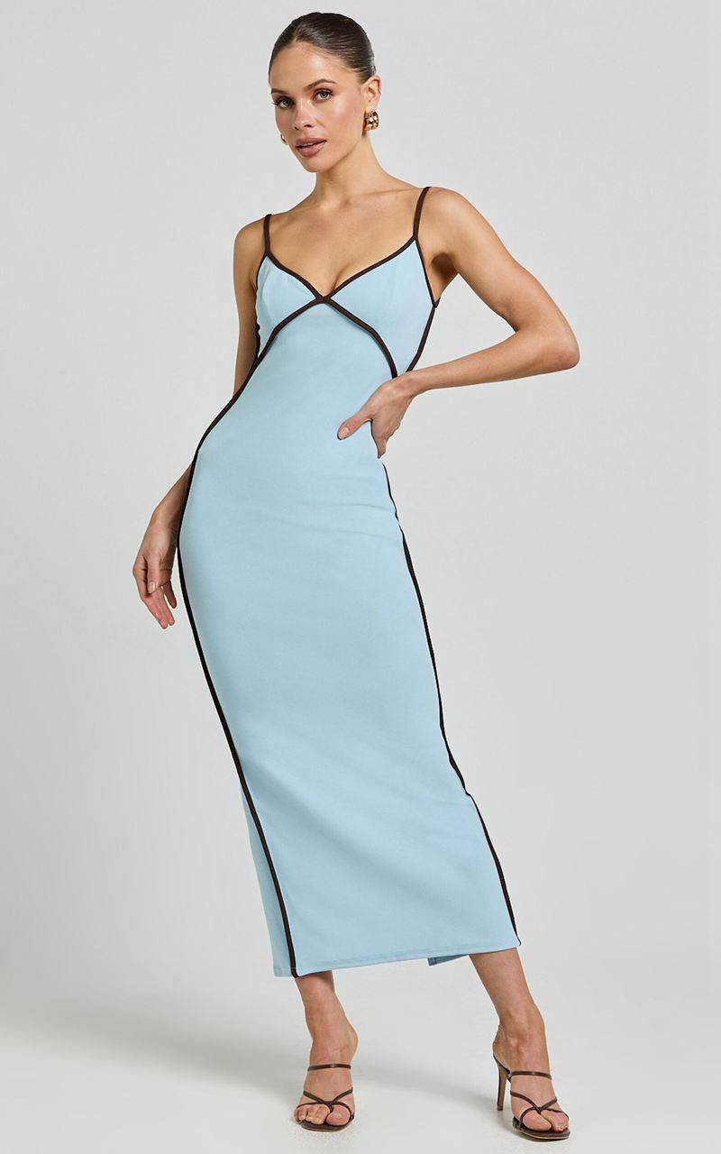 Showpo Ciara Midi Dress - V Neck Sleeveless Slip Dress Blue | GBQMTK941