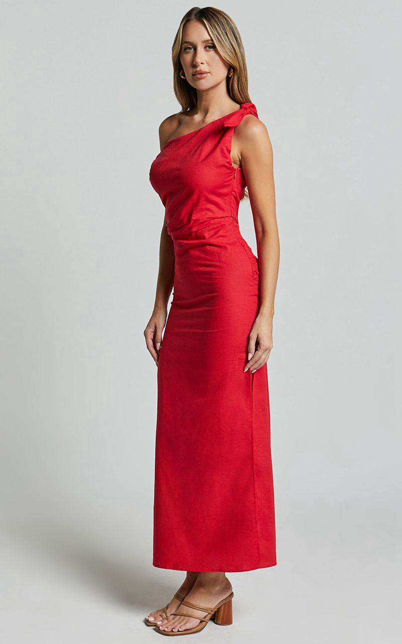 Showpo Cincinnati Midi Dress - Off The Shoulder Side Split Column Linen Look Dress Red | XMFTKJ201