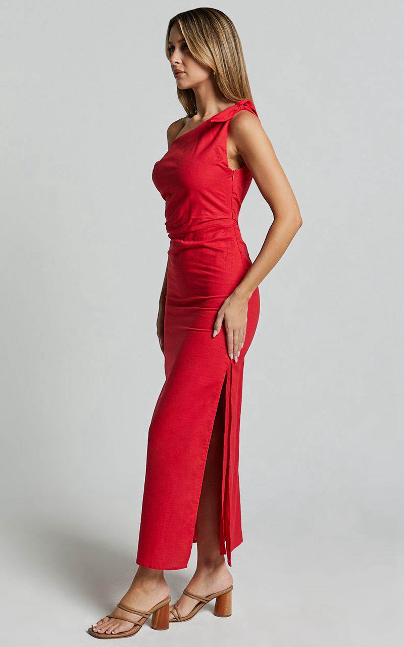 Showpo Cincinnati Midi Dress - Off The Shoulder Side Split Column Linen Look Dress Red | XMFTKJ201