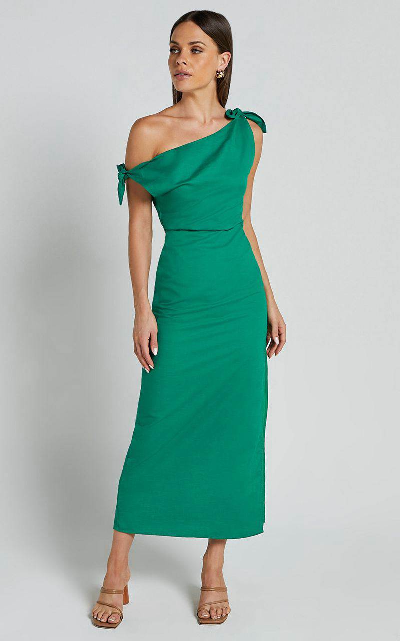 Showpo Cincinnati Midi Dress - Off The Shoulder Side Split Column Linen Look Dress Green | UCHVQB203