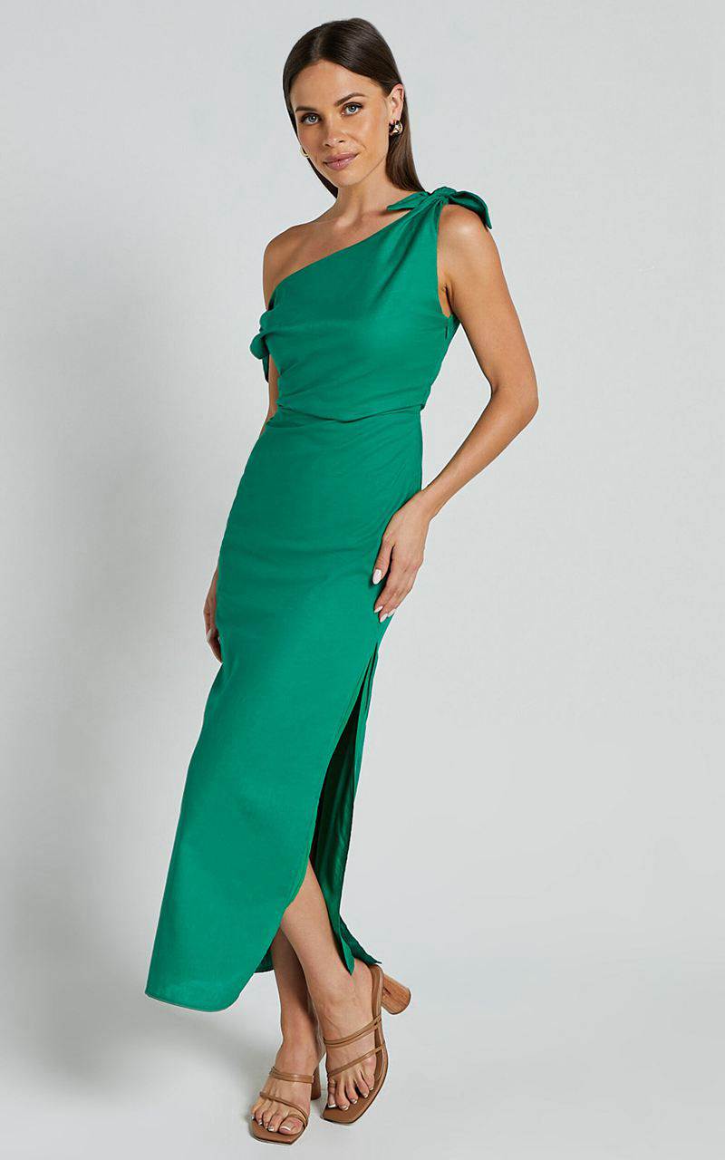 Showpo Cincinnati Midi Dress - Off The Shoulder Side Split Column Linen Look Dress Green | UCHVQB203