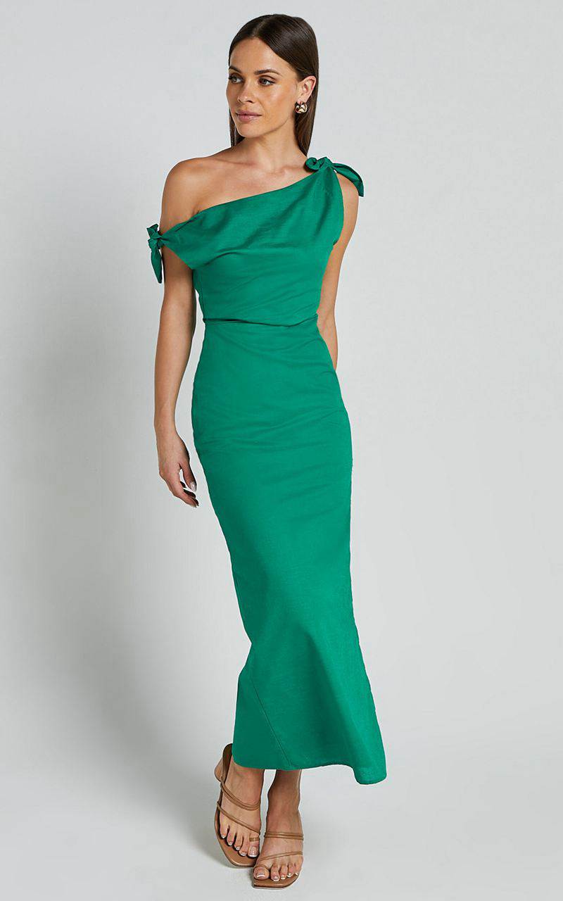 Showpo Cincinnati Midi Dress - Off The Shoulder Side Split Column Linen Look Dress Green | UCHVQB203