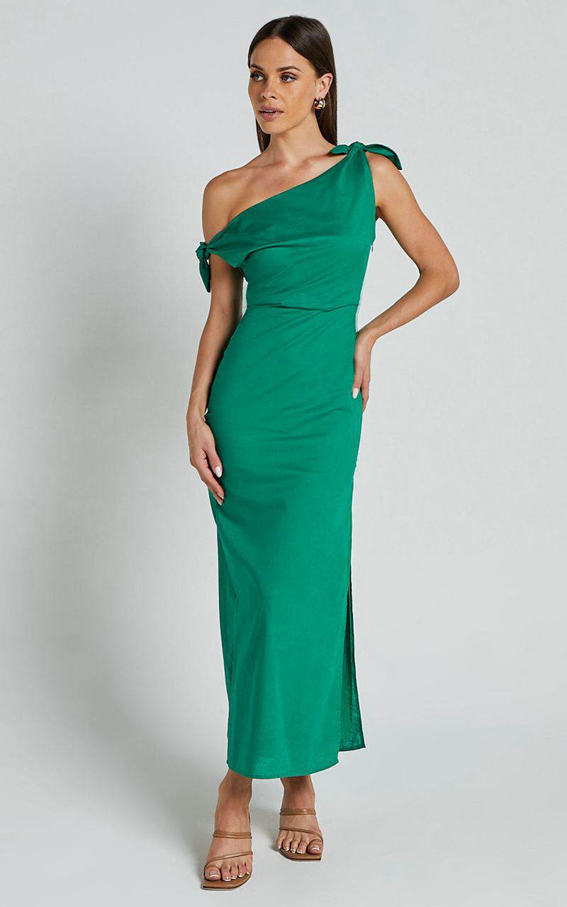 Showpo Cincinnati Midi Dress - Off The Shoulder Side Split Column Linen Look Dress Green | UCHVQB203