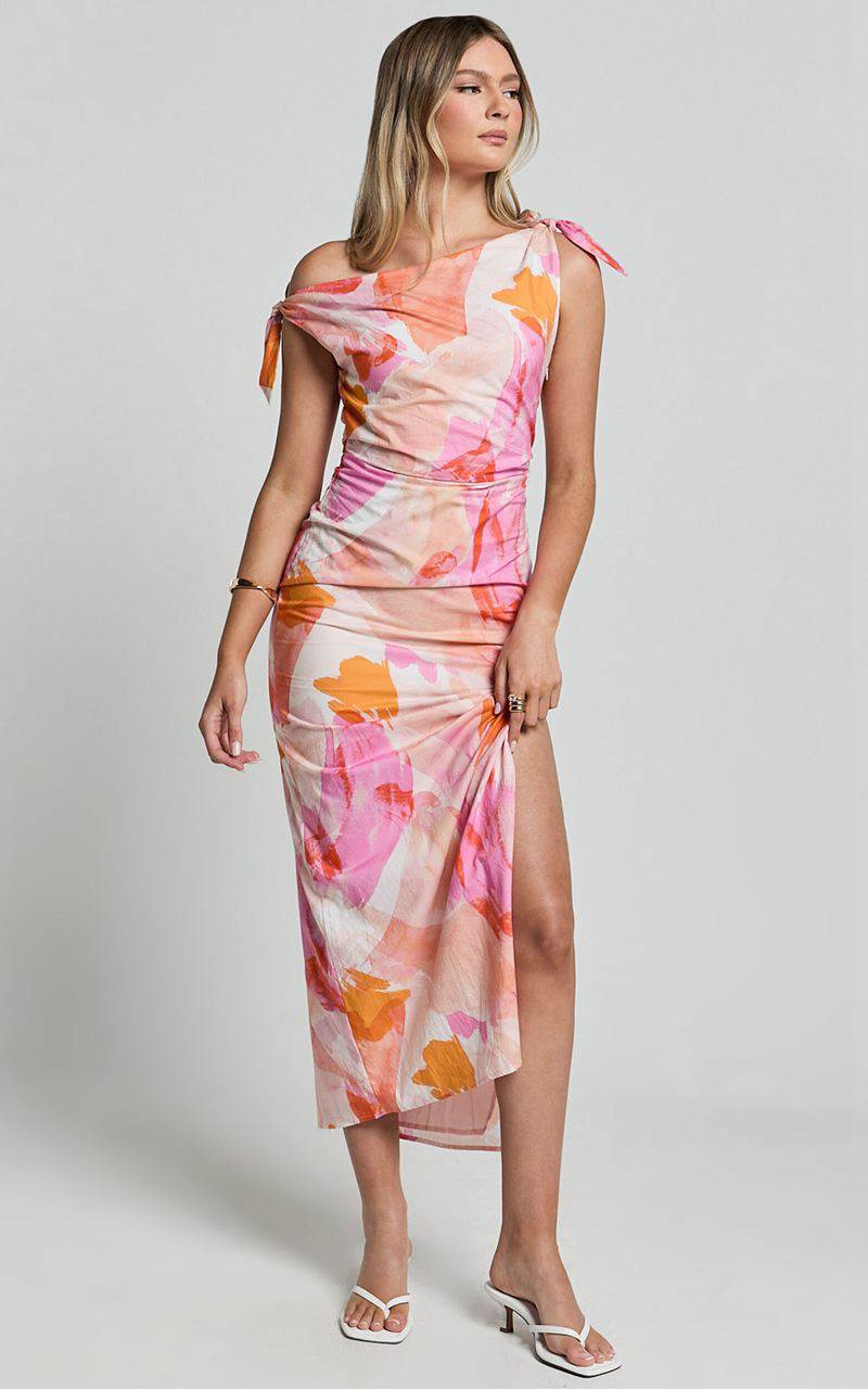 Showpo Cincinnati Midi Dress - Off The Shoulder Side Split Column Linen Look Dress Pink Blur Floral | WTSLUY267