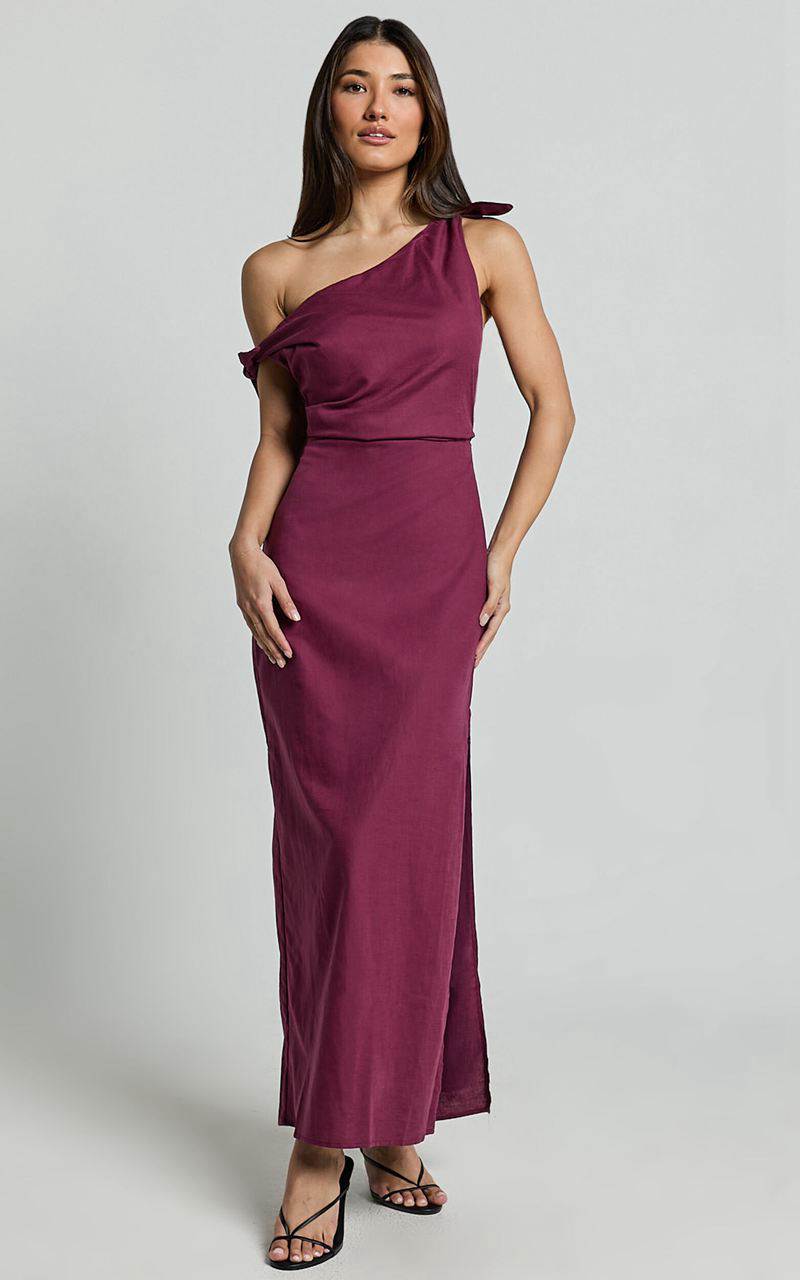 Showpo Cincinnati Midi Dress - Off The Shoulder Side Split Column Linen Look Dress Merlot | TIXMHV340