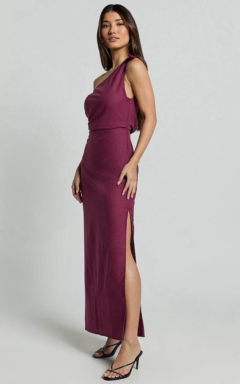 Showpo Cincinnati Midi Dress - Off The Shoulder Side Split Column Linen Look Dress Merlot | TIXMHV340