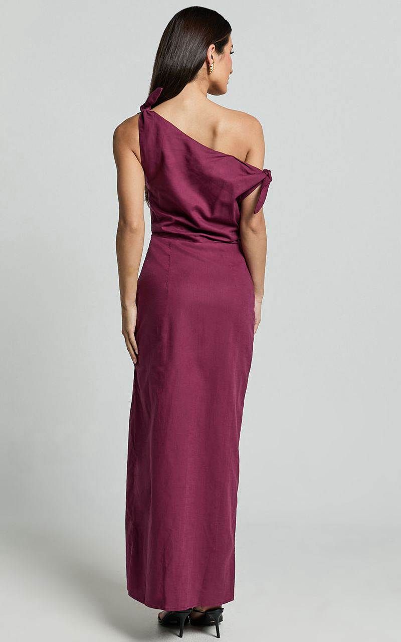 Showpo Cincinnati Midi Dress - Off The Shoulder Side Split Column Linen Look Dress Merlot | TIXMHV340