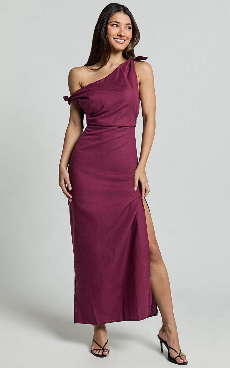 Showpo Cincinnati Midi Dress - Off The Shoulder Side Split Column Linen Look Dress Merlot | TIXMHV340