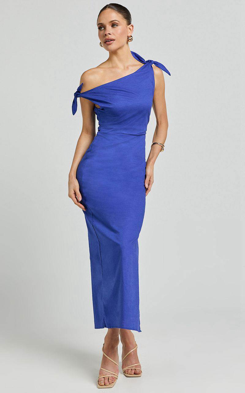 Showpo Cincinnati Midi Dress - Off The Shoulder Side Split Column Linen Look Dress Cobalt | WUJRKN684