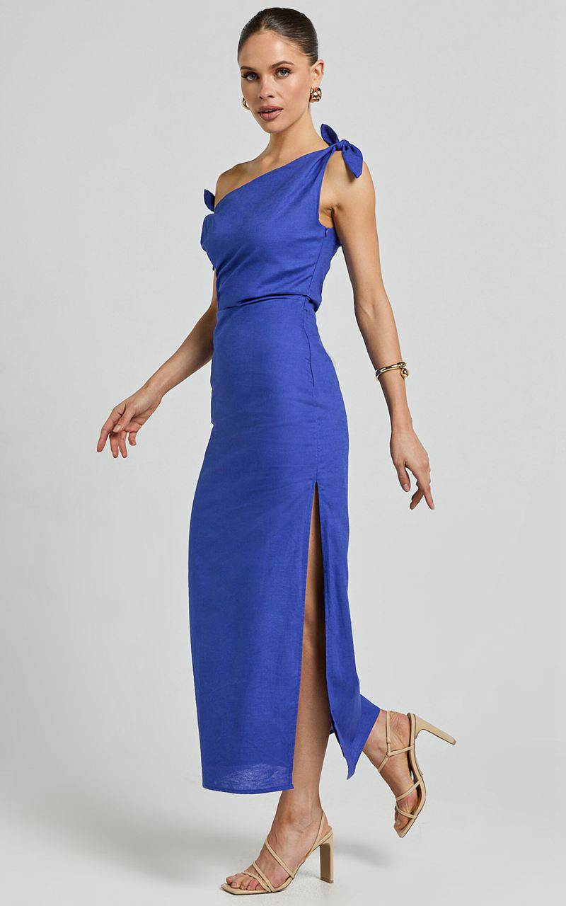 Showpo Cincinnati Midi Dress - Off The Shoulder Side Split Column Linen Look Dress Cobalt | WUJRKN684