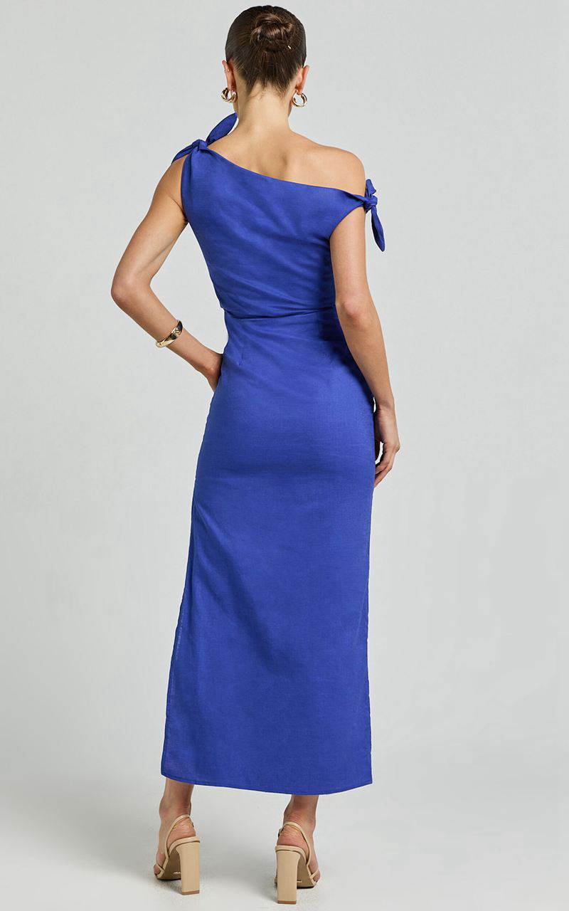 Showpo Cincinnati Midi Dress - Off The Shoulder Side Split Column Linen Look Dress Cobalt | WUJRKN684