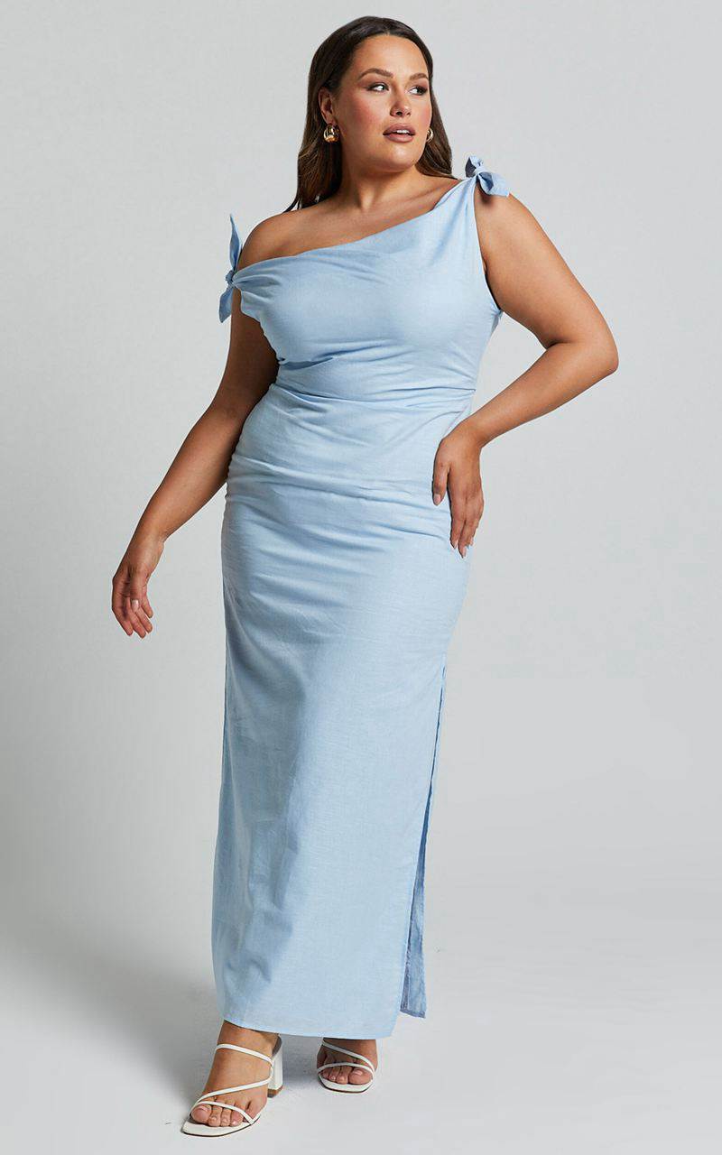 Showpo Cincinnati Midi Dress - Off The Shoulder Side Split Column Linen Look Dress Pale Blue | IBDWNA187