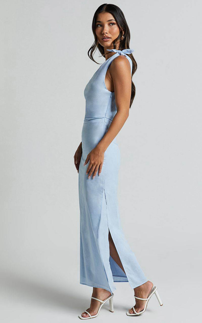 Showpo Cincinnati Midi Dress - Off The Shoulder Side Split Column Linen Look Dress Pale Blue | IBDWNA187