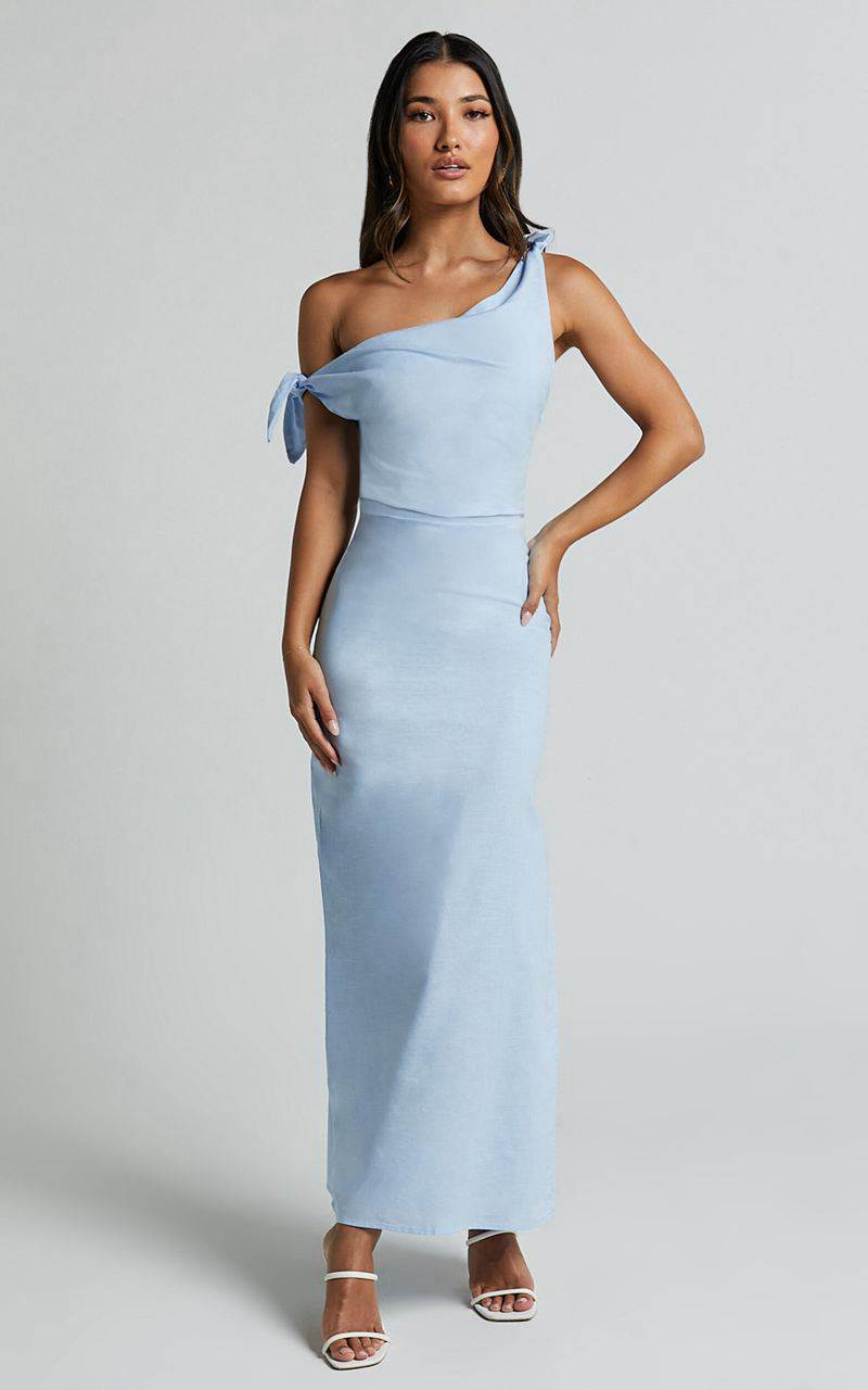 Showpo Cincinnati Midi Dress - Off The Shoulder Side Split Column Linen Look Dress Pale Blue | IBDWNA187