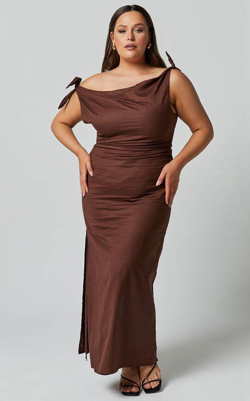 Showpo Cincinnati Midi Dress - Off The Shoulder Side Split Column Linen Look Dress Chocolate | JWEUIZ214