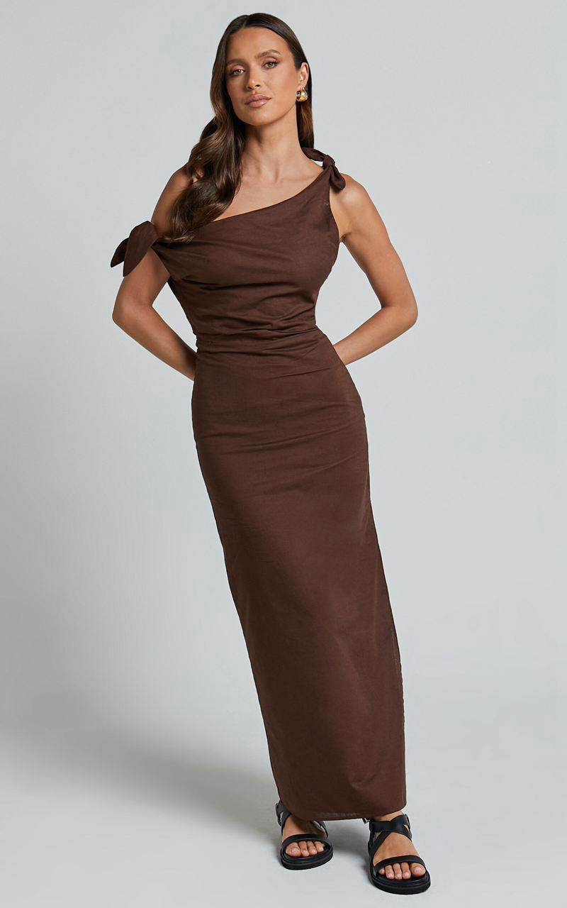 Showpo Cincinnati Midi Dress - Off The Shoulder Side Split Column Linen Look Dress Chocolate | JWEUIZ214