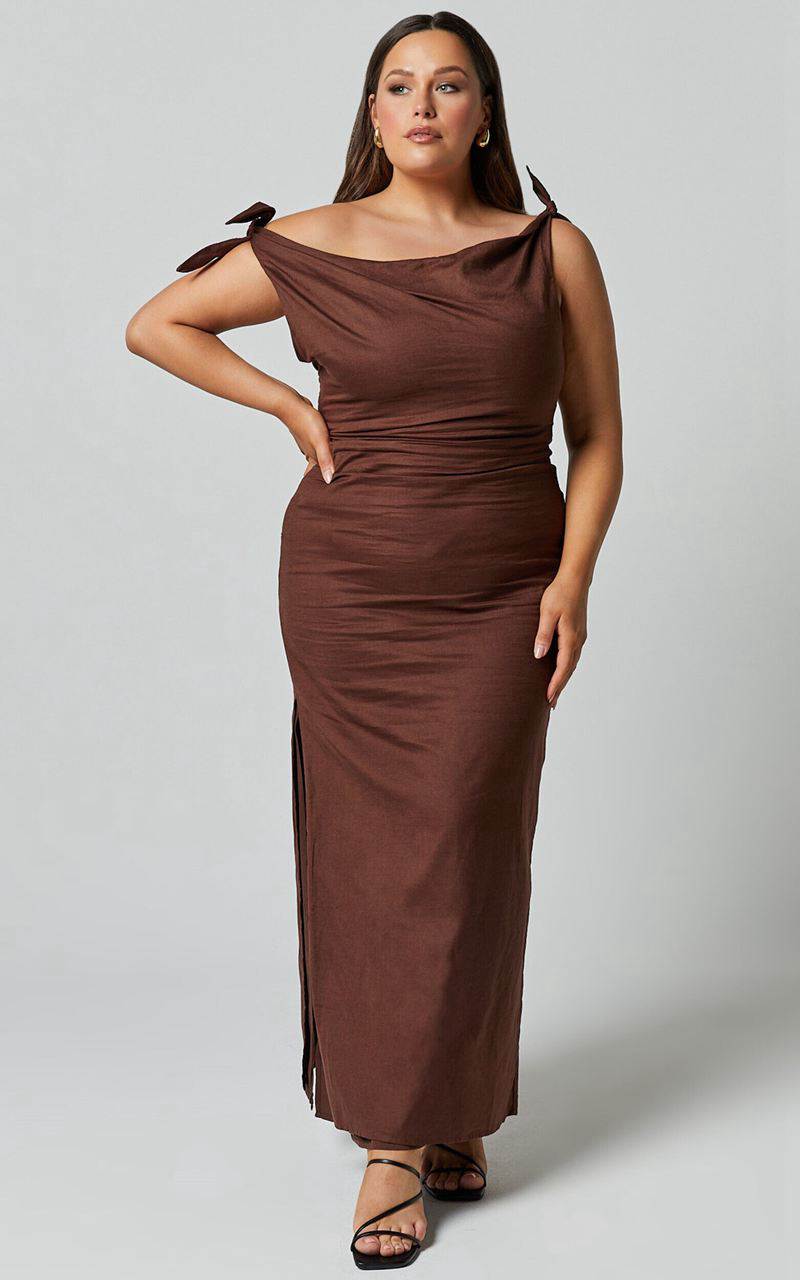 Showpo Cincinnati Midi Dress - Off The Shoulder Side Split Column Linen Look Dress Chocolate | JWEUIZ214