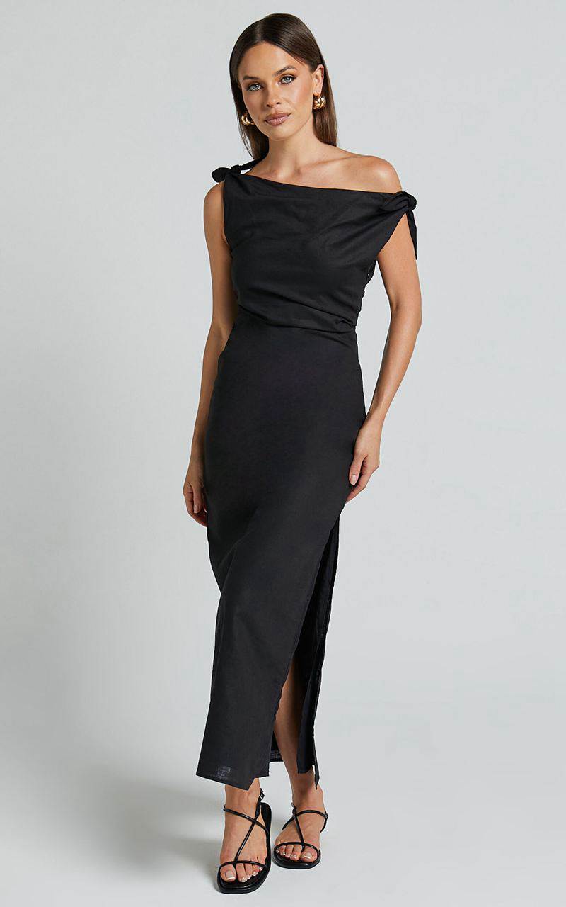 Showpo Cincinnati Midi Dress - Off The Shoulder Side Split Column Linen Look Dress Black | KEWSUA716