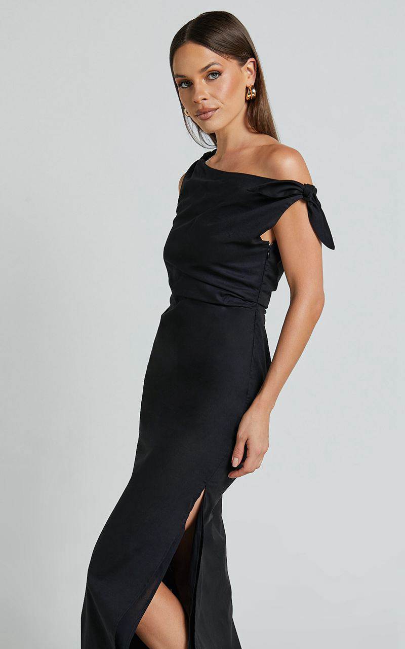 Showpo Cincinnati Midi Dress - Off The Shoulder Side Split Column Linen Look Dress Black | KEWSUA716