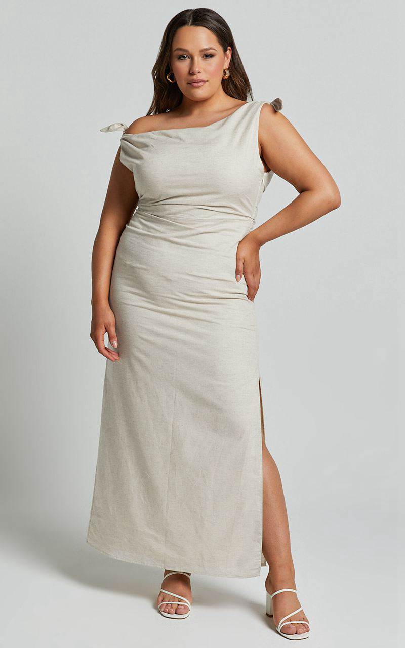 Showpo Cincinnati Midi Dress - Off The Shoulder Side Split Column Linen Look Dress Beige | YXSFCQ943