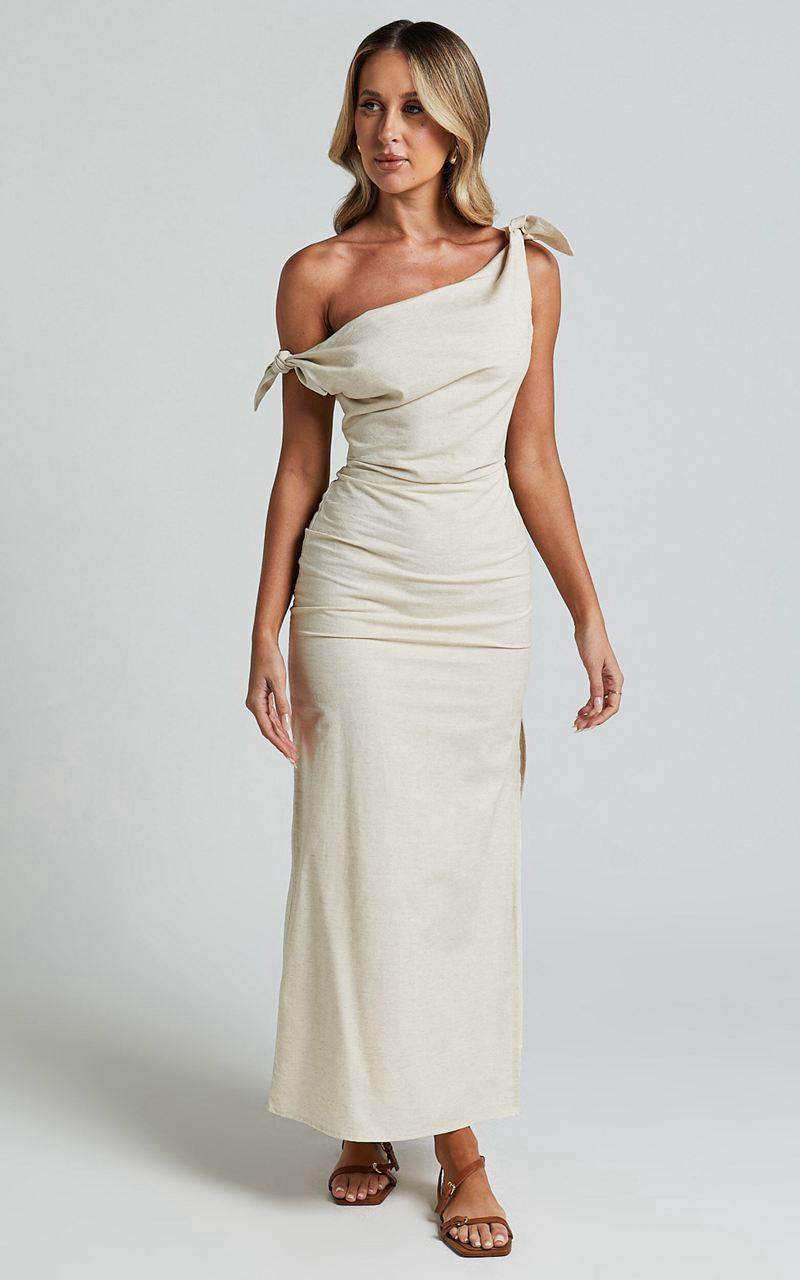 Showpo Cincinnati Midi Dress - Off The Shoulder Side Split Column Linen Look Dress Beige | YXSFCQ943