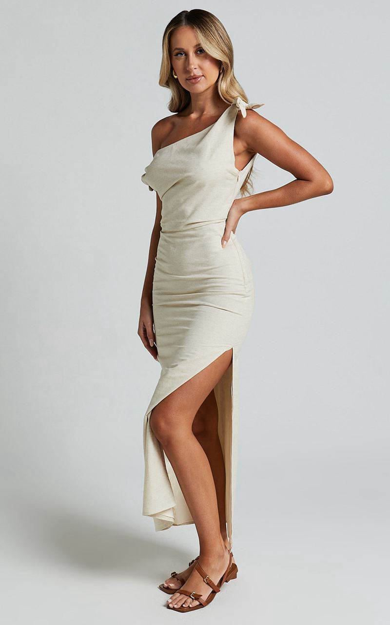 Showpo Cincinnati Midi Dress - Off The Shoulder Side Split Column Linen Look Dress Beige | YXSFCQ943