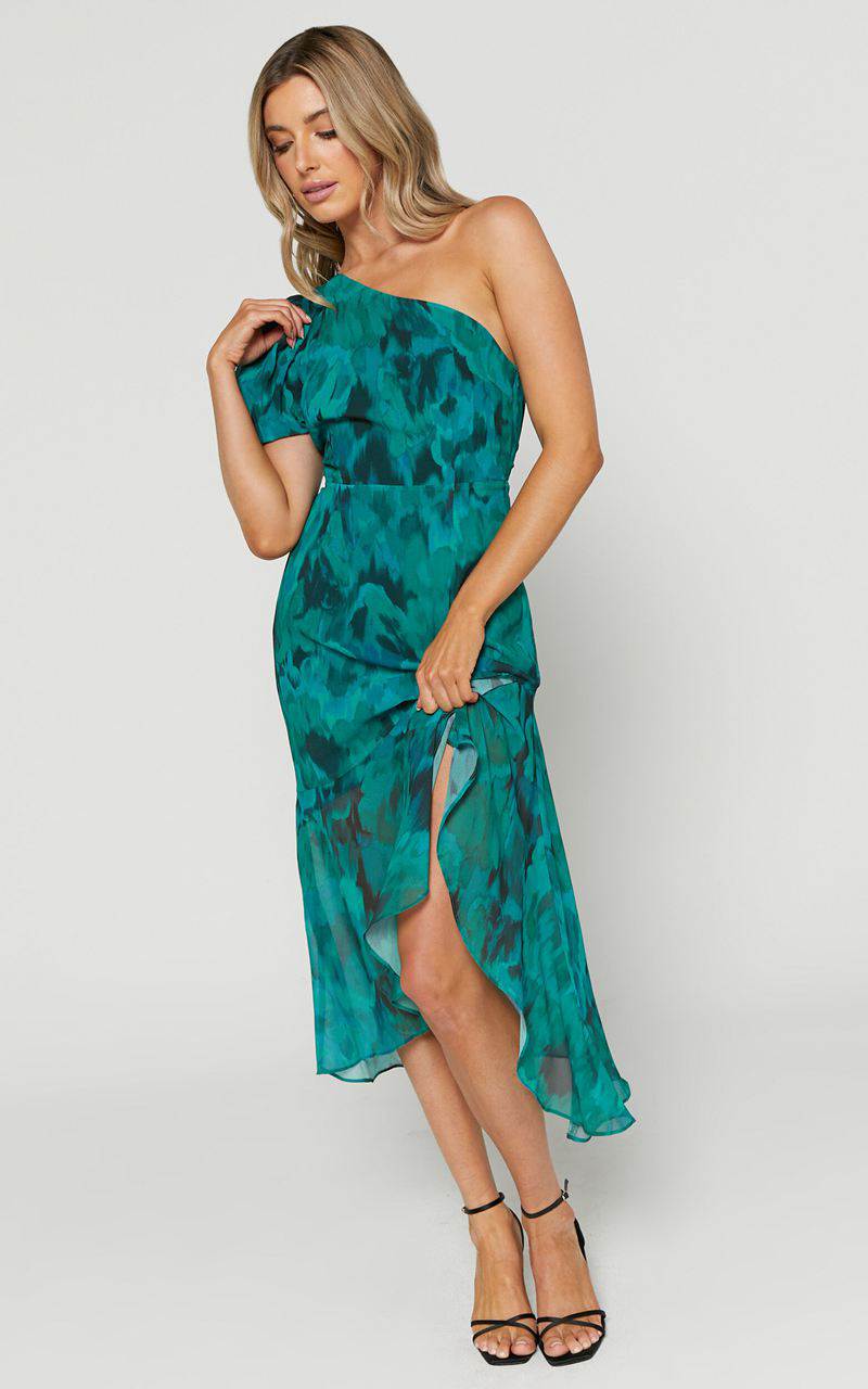 Showpo Clabelle Midi Dress - One Shoulder Ruffle Tulip Hem Dress Emerald Blur Floral | MTYGXI756