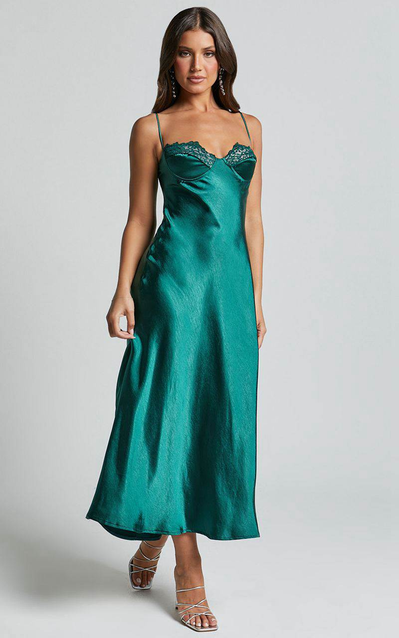 Showpo Clare Midi Dress - Sleeveless Wide V Neck Cup Bust Slip Dress Emerald | GQBVJE980