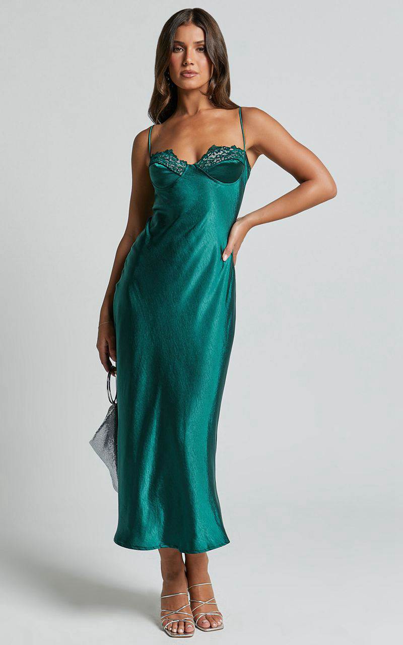 Showpo Clare Midi Dress - Sleeveless Wide V Neck Cup Bust Slip Dress Emerald | GQBVJE980