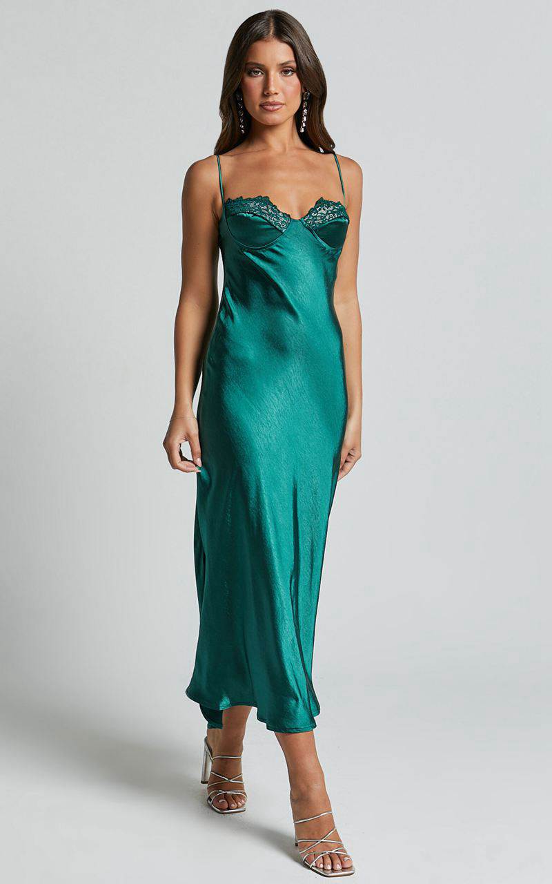 Showpo Clare Midi Dress - Sleeveless Wide V Neck Cup Bust Slip Dress Emerald | GQBVJE980