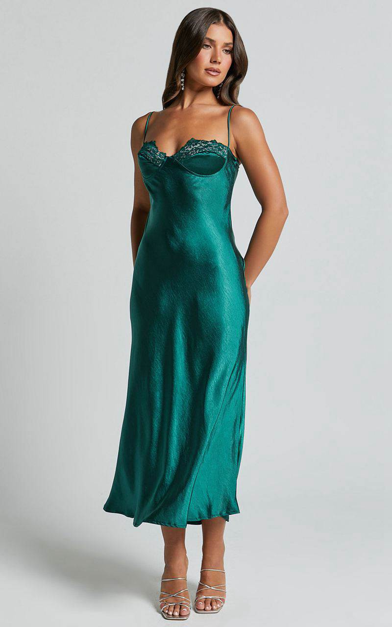 Showpo Clare Midi Dress - Sleeveless Wide V Neck Cup Bust Slip Dress Emerald | GQBVJE980