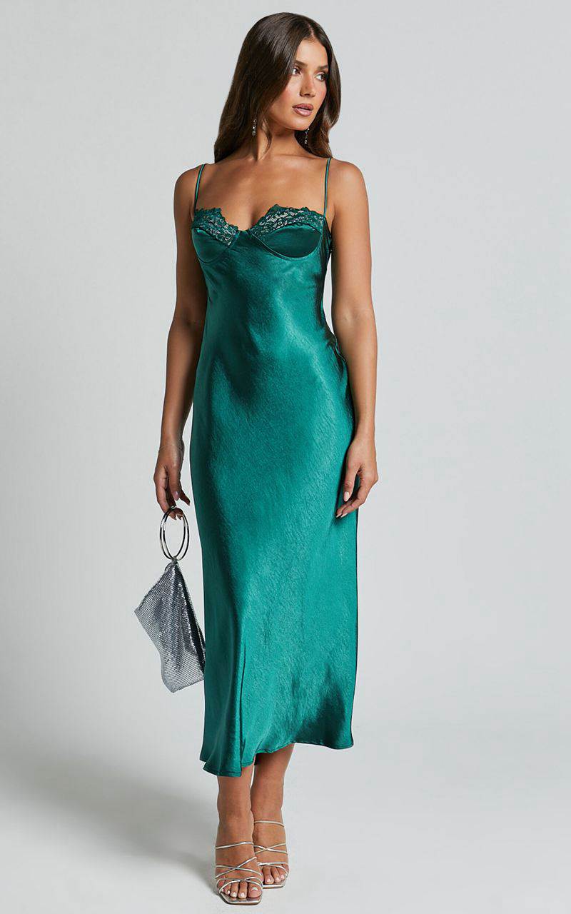 Showpo Clare Midi Dress - Sleeveless Wide V Neck Cup Bust Slip Dress Emerald | GQBVJE980