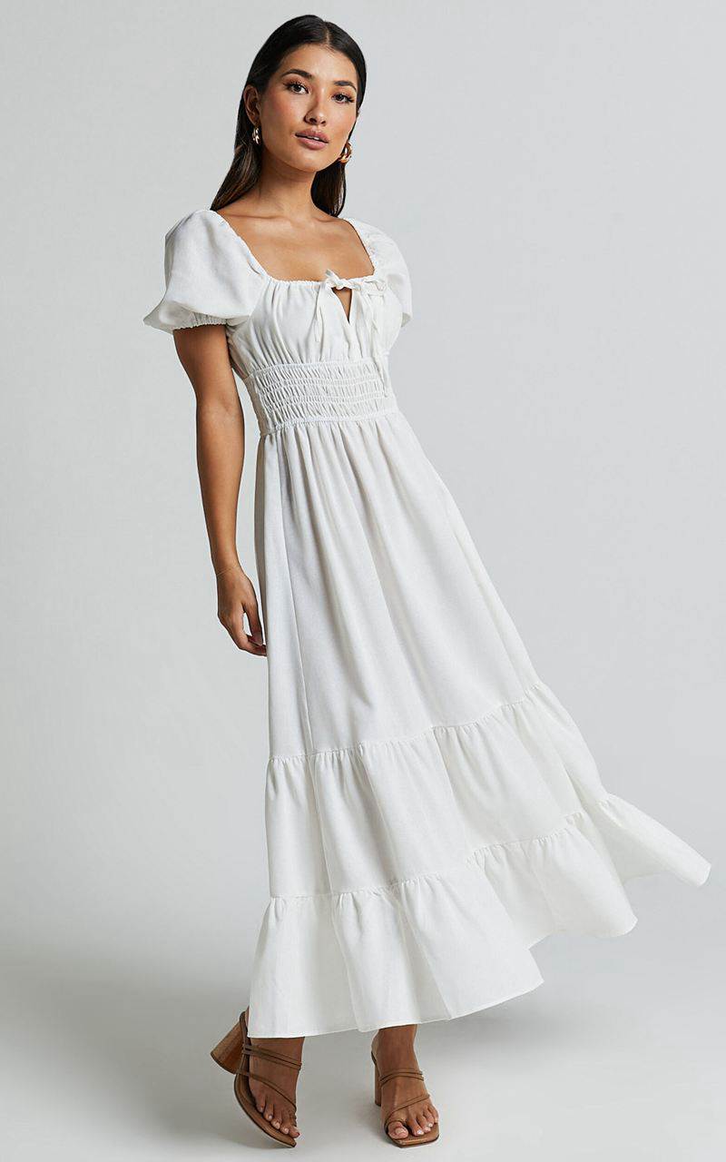 Showpo Claritza Midi Dress - Linen Look Short Puff Sleeve Square Neck Tiered Dress White | ZSVCJN753