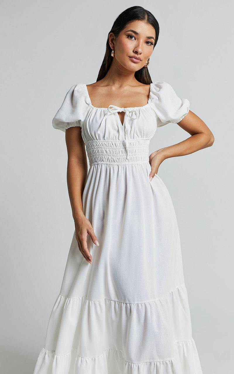 Showpo Claritza Midi Dress - Linen Look Short Puff Sleeve Square Neck Tiered Dress White | ZSVCJN753