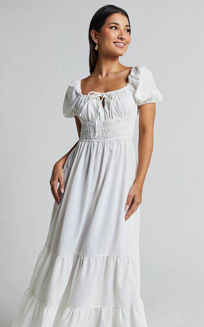 Showpo Claritza Midi Dress - Linen Look Short Puff Sleeve Square Neck Tiered Dress White | ZSVCJN753