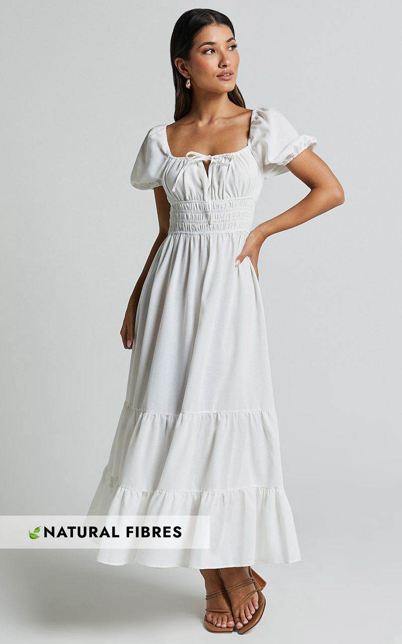 Showpo Claritza Midi Dress - Linen Look Short Puff Sleeve Square Neck Tiered Dress White | ZSVCJN753