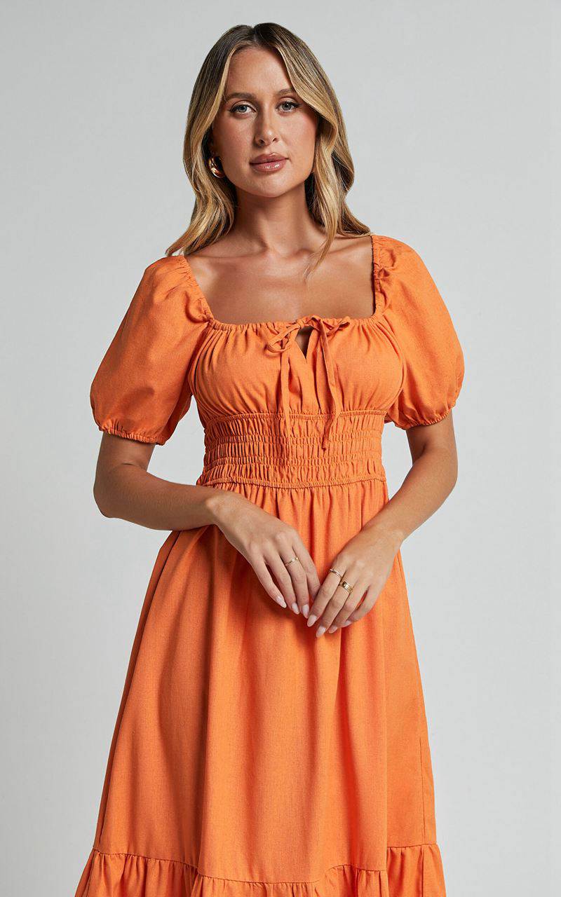 Showpo Claritza Midi Dress - Linen Look Short Puff Sleeve Square Neck Tiered Dress Sherbert | RKXWUV921