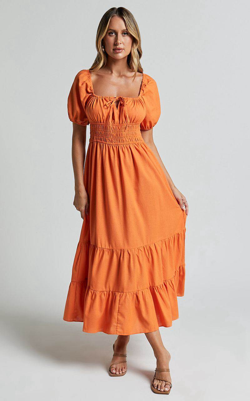 Showpo Claritza Midi Dress - Linen Look Short Puff Sleeve Square Neck Tiered Dress Sherbert | RKXWUV921