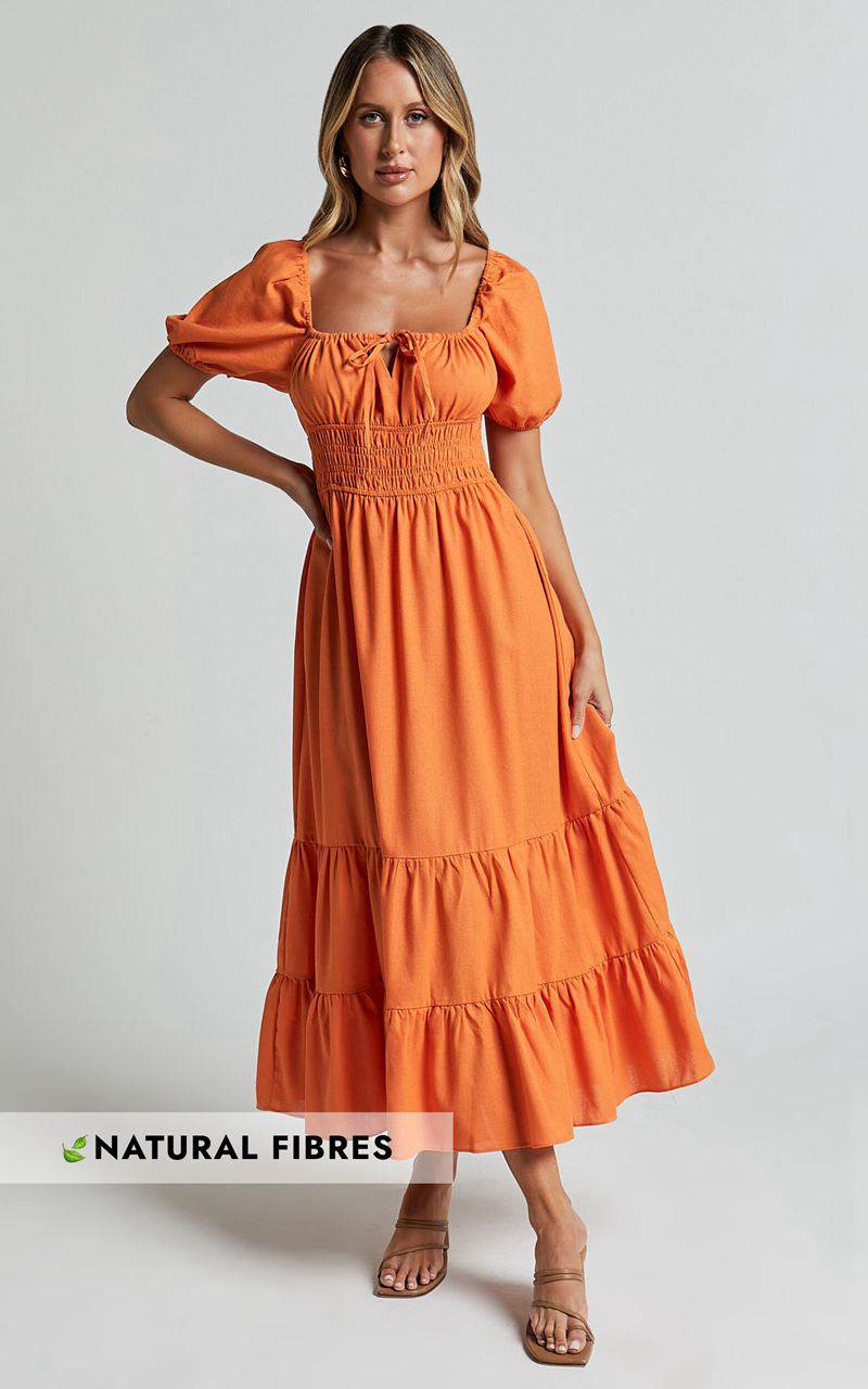 Showpo Claritza Midi Dress - Linen Look Short Puff Sleeve Square Neck Tiered Dress Sherbert | RKXWUV921