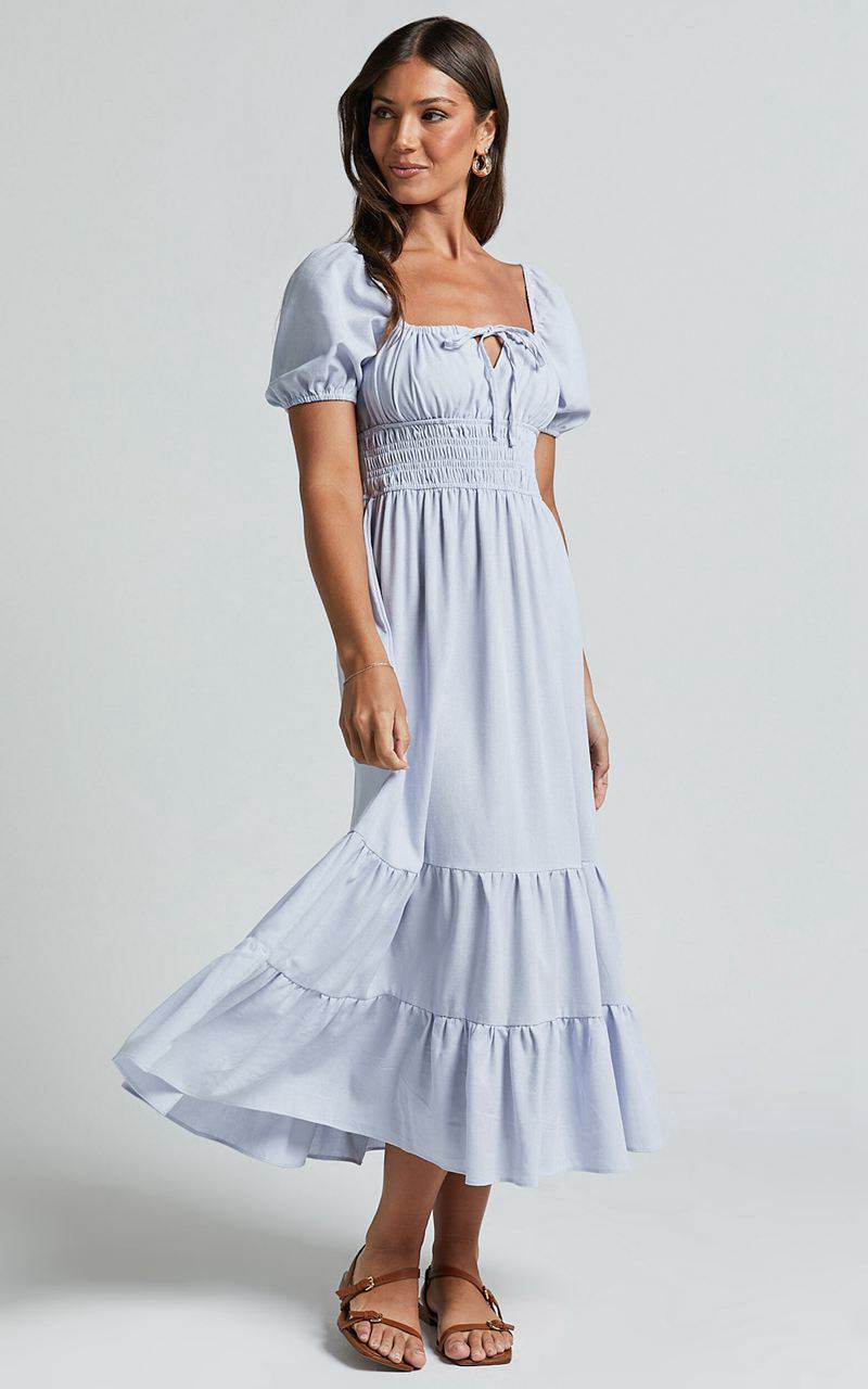 Showpo Claritza Midi Dress - Linen Look Short Puff Sleeve Square Neck Tiered Dress Pale Blue | LPAXNC520