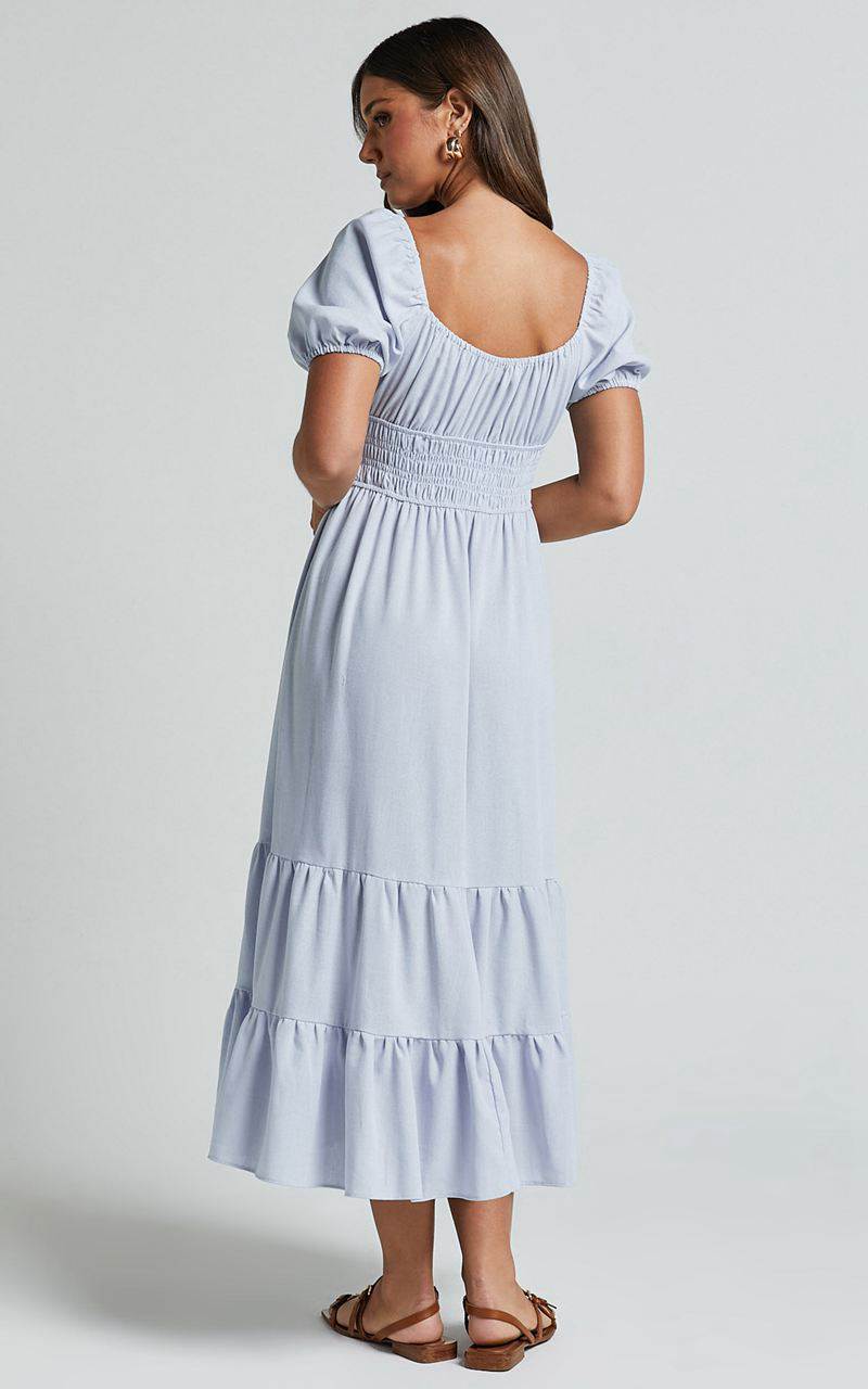 Showpo Claritza Midi Dress - Linen Look Short Puff Sleeve Square Neck Tiered Dress Pale Blue | LPAXNC520