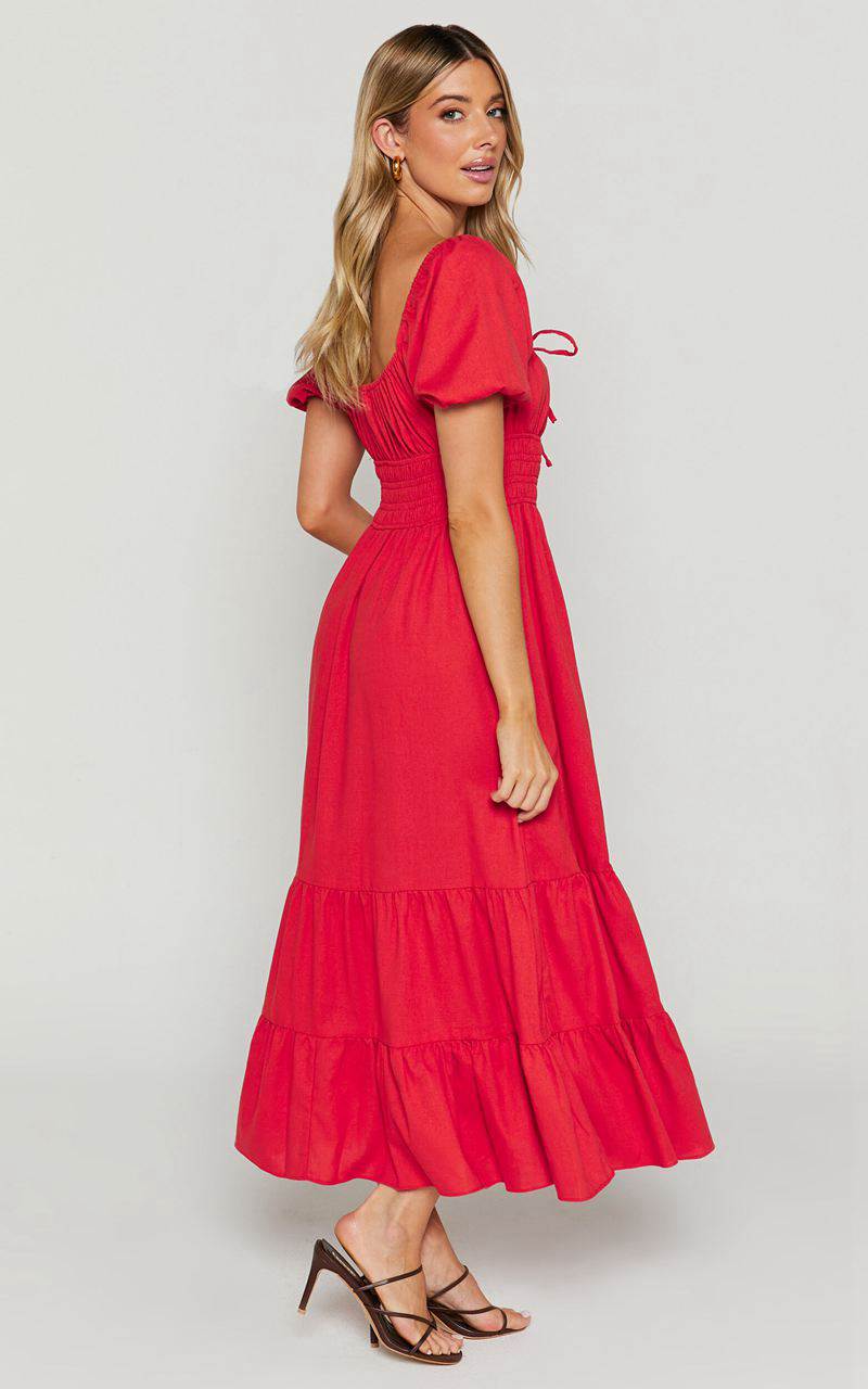 Showpo Claritza Midi Dress - Linen Look Short Puff Sleeve Square Neck Tiered Dress Red | EWKGOQ189