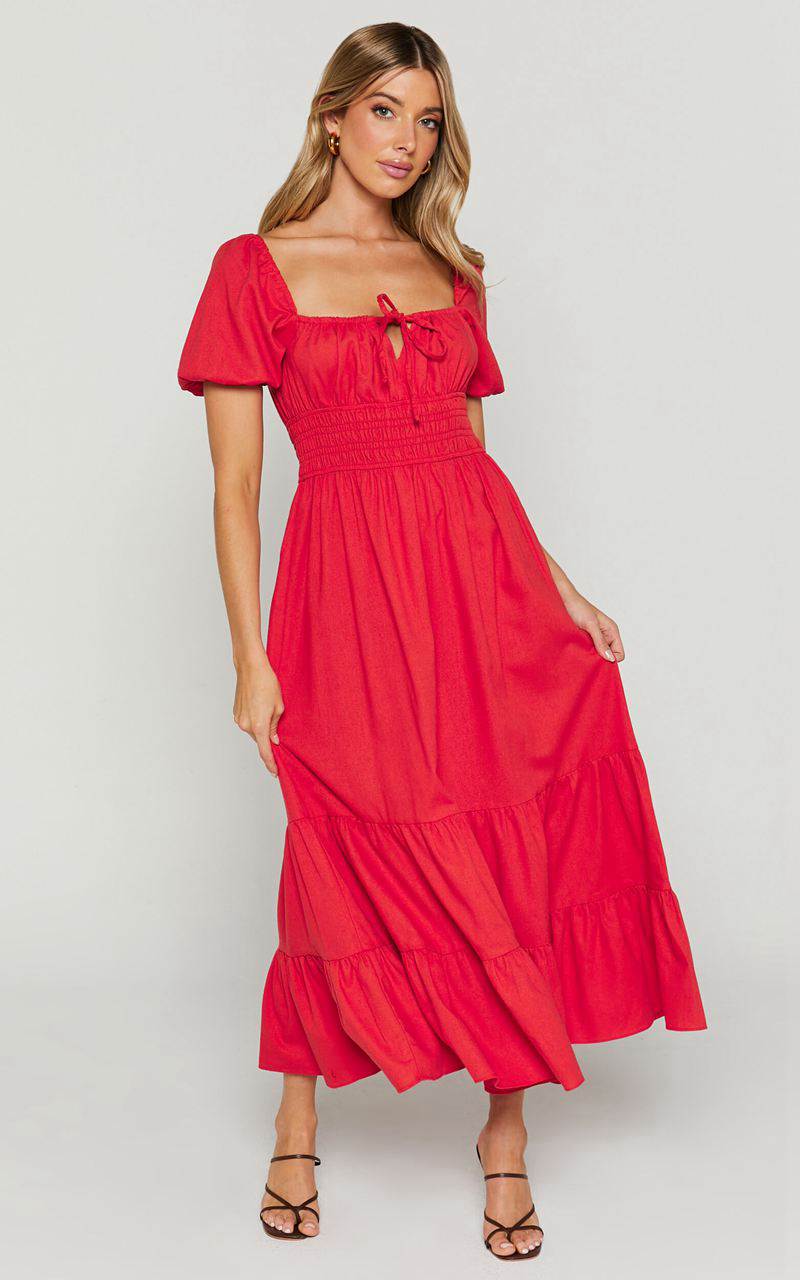 Showpo Claritza Midi Dress - Linen Look Short Puff Sleeve Square Neck Tiered Dress Red | EWKGOQ189