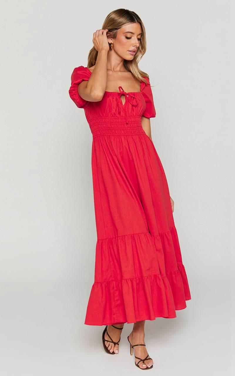 Showpo Claritza Midi Dress - Linen Look Short Puff Sleeve Square Neck Tiered Dress Red | EWKGOQ189