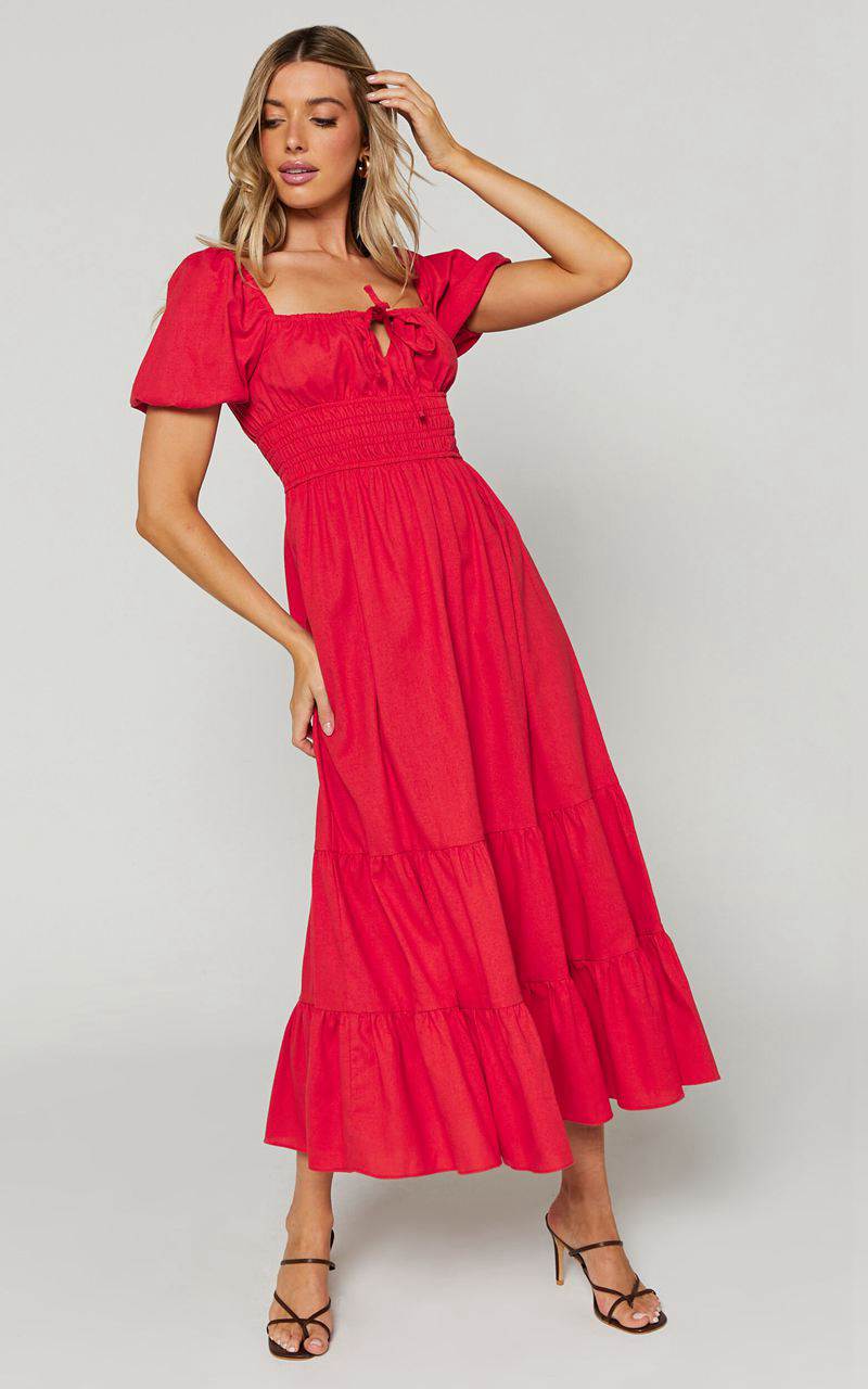 Showpo Claritza Midi Dress - Linen Look Short Puff Sleeve Square Neck Tiered Dress Red | EWKGOQ189