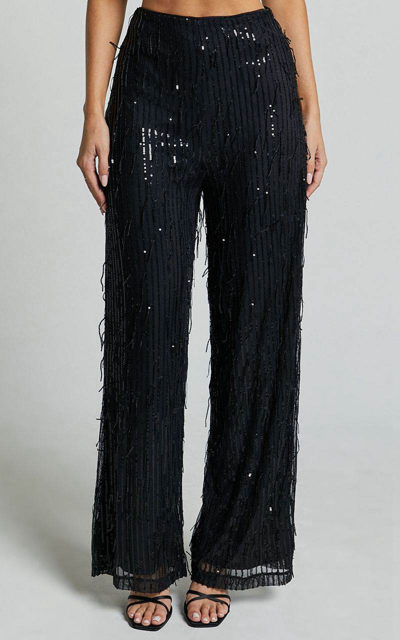 Showpo Claudette Pants - High Waist Wide Leg Fringe Sequin Pants Black | BKYSCG415