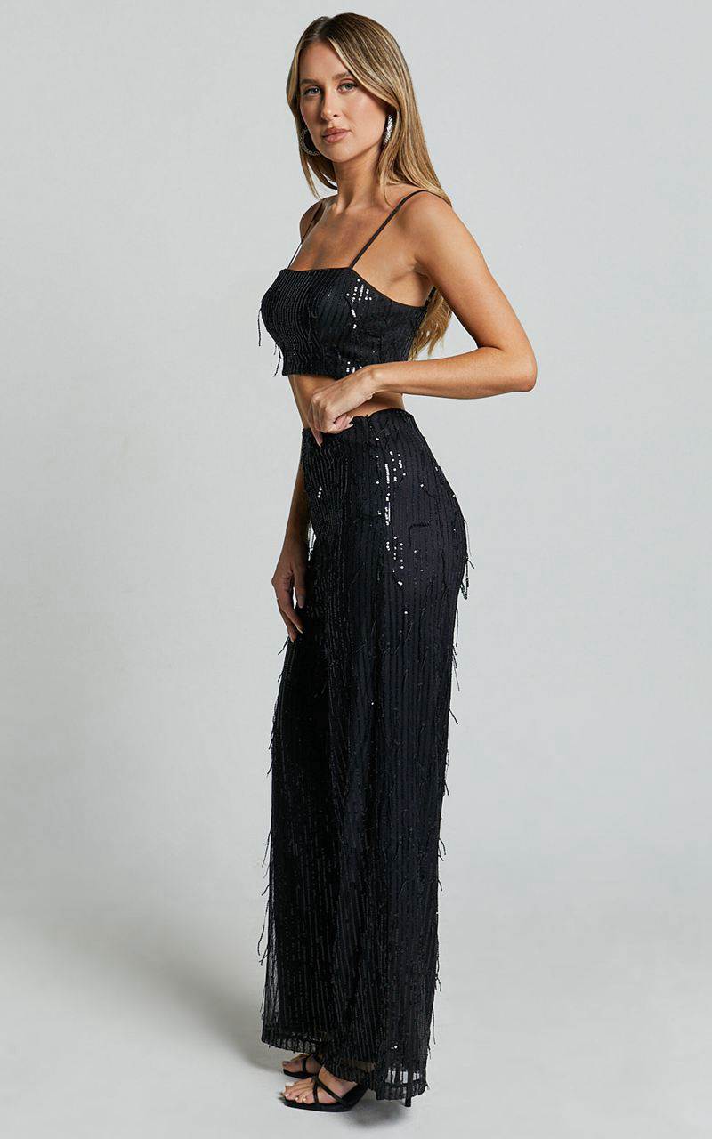 Showpo Claudette Pants - High Waist Wide Leg Fringe Sequin Pants Black | BKYSCG415