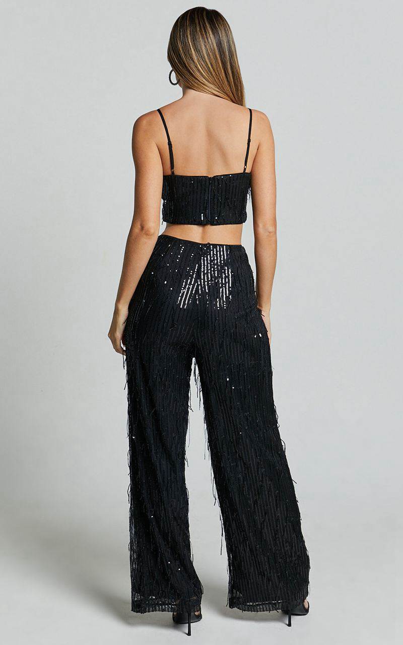 Showpo Claudette Pants - High Waist Wide Leg Fringe Sequin Pants Black | BKYSCG415