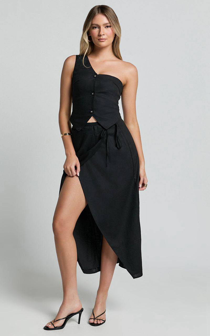 Showpo Claudia Two Piece Set - Linen Look One Shoulder Button Down Top And Midi Skirt Set Black | XZAVBS254