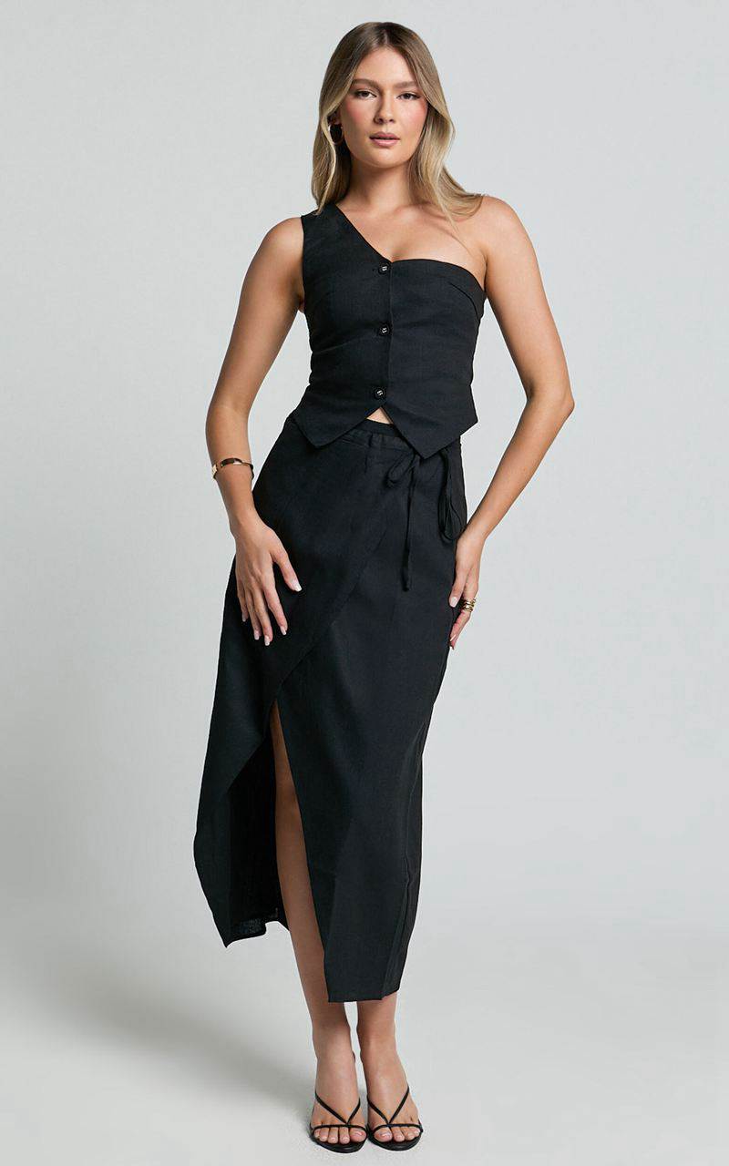 Showpo Claudia Two Piece Set - Linen Look One Shoulder Button Down Top And Midi Skirt Set Black | XZAVBS254